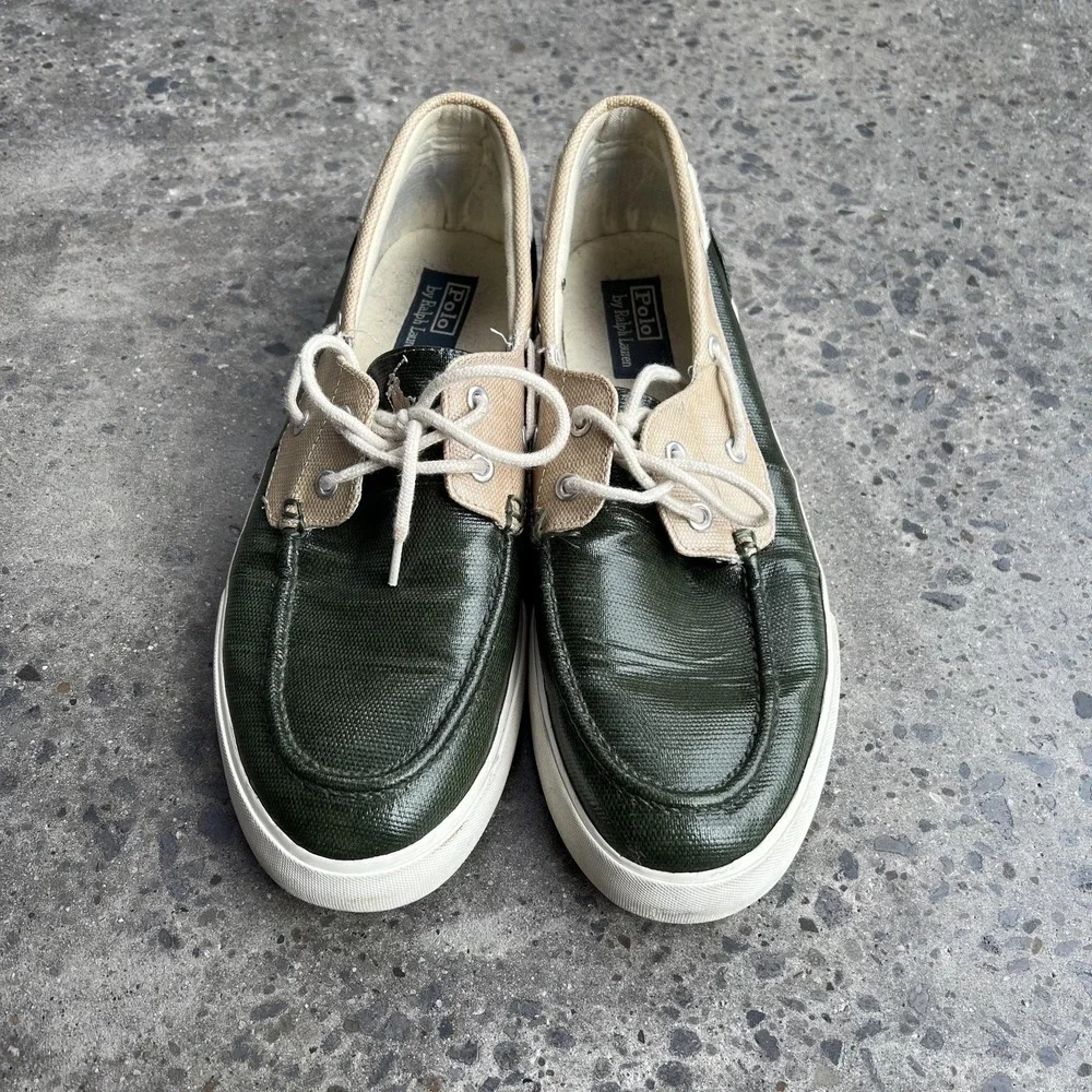 Polo Ralph Lauren Lander Shoes Mens Size 11D Green Tan Coated Canvas Boat Deck
